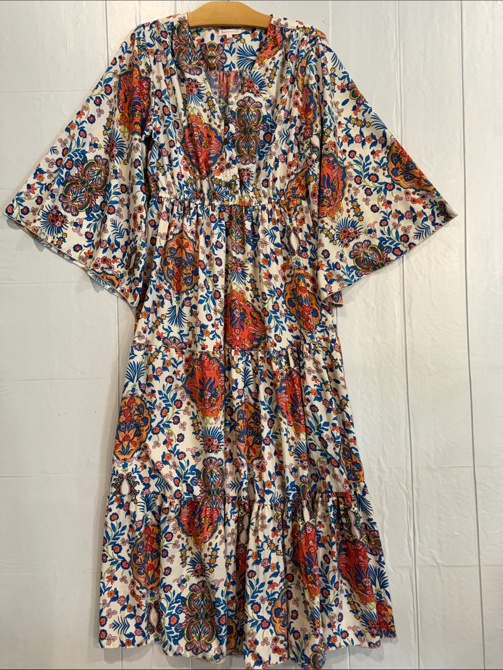 Boemo AnthropologyTiered Floral Midi Dress in Cream Blue & Orange